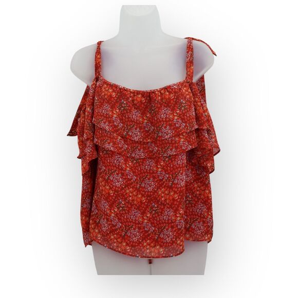 Rebecca Minkoff Floral Cold Shoulder Crop Top Size Medium Red Adjustable Strap - Picture 1 of 9